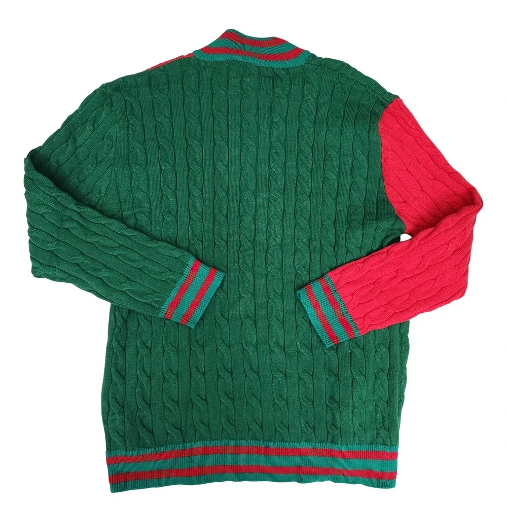 OXKNIT Retro 60s 70s Color Block Cable Knit Cardigan Sweater Red Green Men XXL